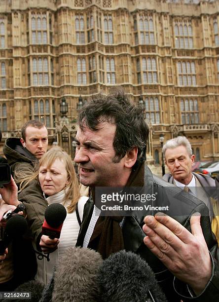 Gerry Conlon speaks to the press as he arrives at the Houses of Parliament, February 9, 2005 in London. British Prime Minister Tony Blair is expected...