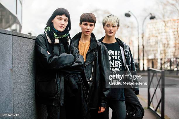 Models Liene Podina, Eli Bauer, and Litay Marcus after the Balenciaga show on Day 6 of PFW FW16 on March 06, 2016 in Paris, France.