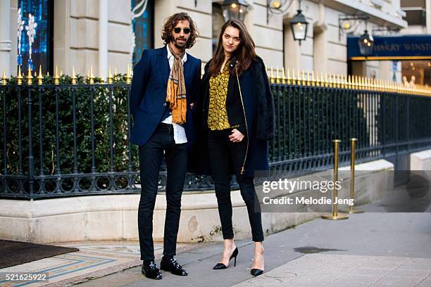 Argentinian model couple Maximiliano Patane and Magda Laguinge outside the Cesare Paciotti cocktail at Hotel Plaza Ath��n��e on Day 6 of PFW FW16 on...