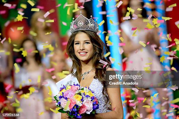 Yana Dobrovolskaya from Tyumen is seen after she received the title of the ''Miss Russia 2016'' during the Miss Russia National Beauty Contest final...