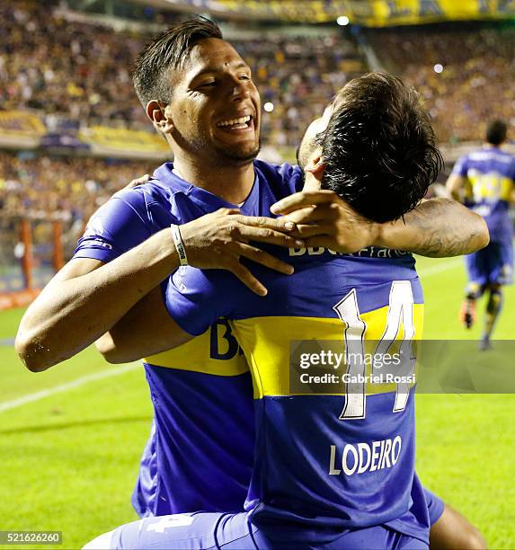 Nicolas Lodeiro of Boca Juniors and teammates celebrate their team's second goal during a match between Boca Juniors and Aldosivi as part of Torneo...