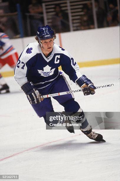 Canadian professional hockey player Darryl Sittler forward of the Toronto Maple Leafs in action during a road game against the New York Rangers,...