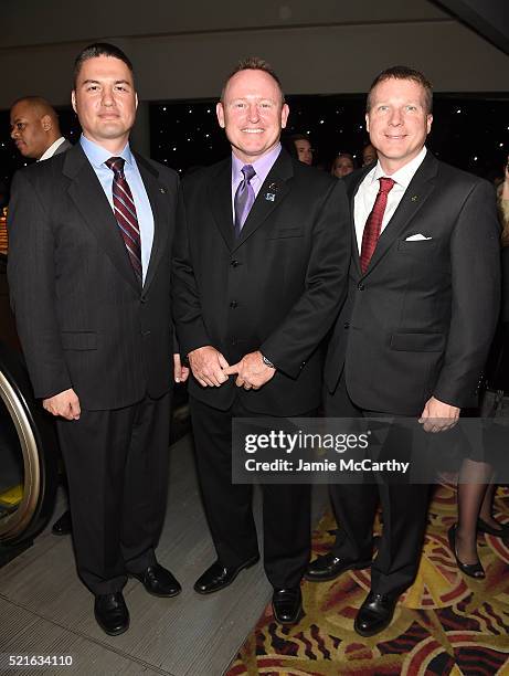 Kjell N. Lindgren, Barry "Butch" E. Wilmore and Terry Virts attend the after party for the New York premiere of "A Beautiful Planet" on April 16,...