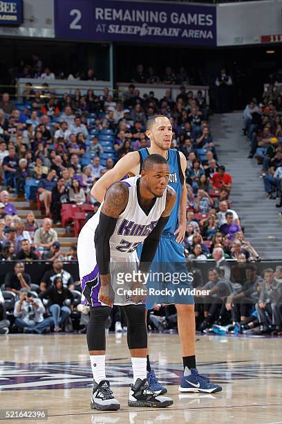 Ben McLemore of the Sacramento Kings faces off against Tayshaun Prince of the Minnesota Timberwolves on April 7, 2016 at Sleep Train Arena in...