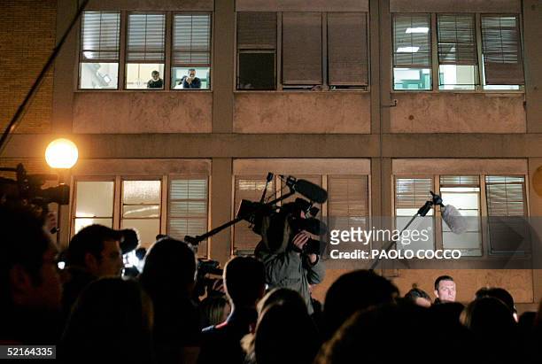 Journalists and cameramen gather in front of Rome's Policliclino Gemelli's hospital where Pope John Paul II is hospitalized 09 February 2005. Vatican...