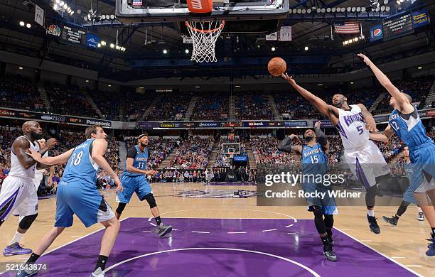 James Anderson of the Sacramento Kings puts up a shot against Tayshaun Prince of the Minnesota Timberwolves on April 7, 2016 at Sleep Train Arena in...