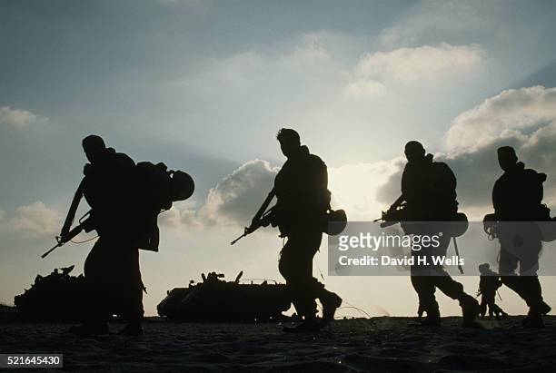 silhouette of soldiers - armed forces stock-fotos und bilder