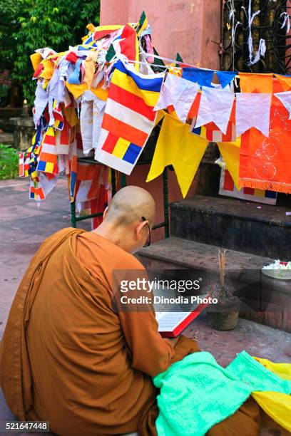 monk reading holy book, unesco world heritage mahabodhi temple, bodhgaya, bihar, india - world heritage mahabodhi stock pictures, royalty-free photos & images