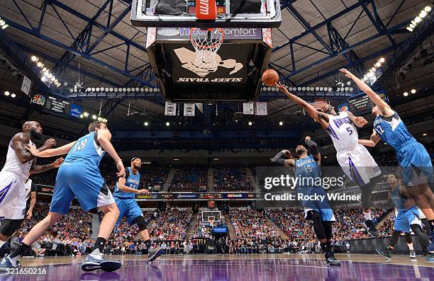 James Anderson of the Sacramento Kings puts up a shot against Tayshaun Prince of the Minnesota Timberwolves on April 7, 2016 at Sleep Train Arena in...