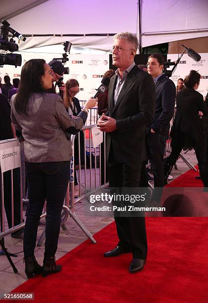 Executive Producer Anthony Bourdain is being interviewed at CNN Films - Jeremiah Tower: The Last Magnificent at TFF Panel & Party on April 16, 2016...