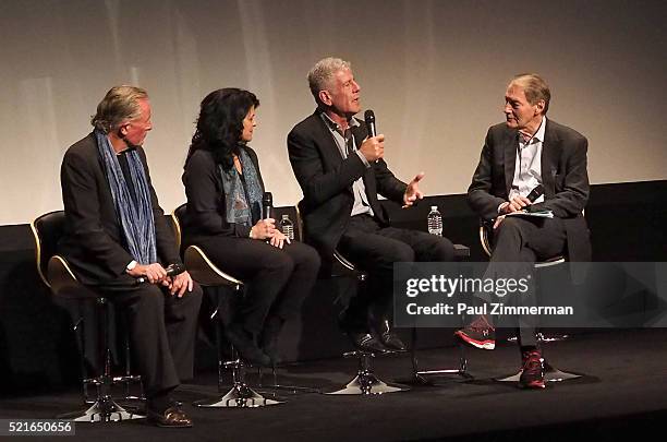 Film Subject Chef Jeremiah Tower, producer Lydia Tenaglia, executive producer Anthony Bourdain and TV host Charlie Rose speak on stage at CNN Films -...