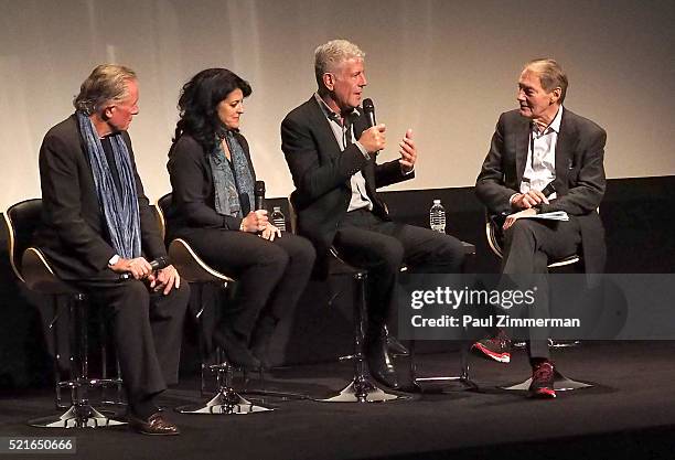 Film Subject Chef Jeremiah Tower, producer Lydia Tenaglia, executive producer Anthony Bourdain and TV host Charlie Rose speak on stage at CNN Films -...