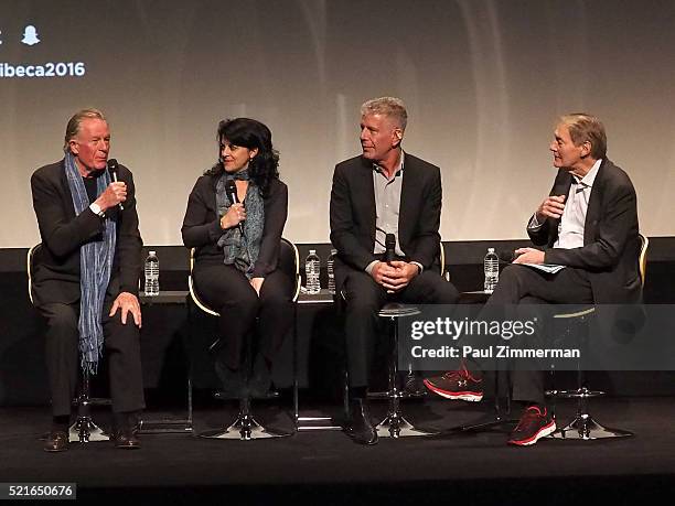 Film Subject Chef Jeremiah Tower, producer Lydia Tenaglia, executive producer Anthony Bourdain and TV host Charlie Rose speak on stage at CNN Films -...