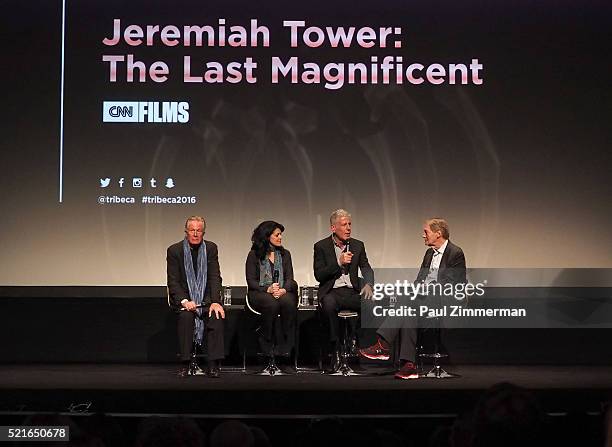 Film Subject Chef Jeremiah Tower, producer Lydia Tenaglia, executive producer Anthony Bourdain and TV host Charlie Rose speak on stage at CNN Films -...