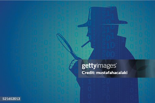 Cyber inspector looking through magnifying lens Cyber inspector looking through magnifying lens