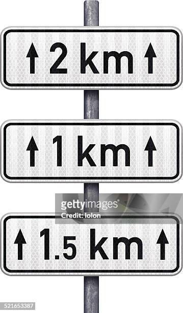 ilustraciones, imágenes clip art, dibujos animados e iconos de stock de blanco señales de tráfico, lo cual indica pasos adelante (métrico) - kilometer