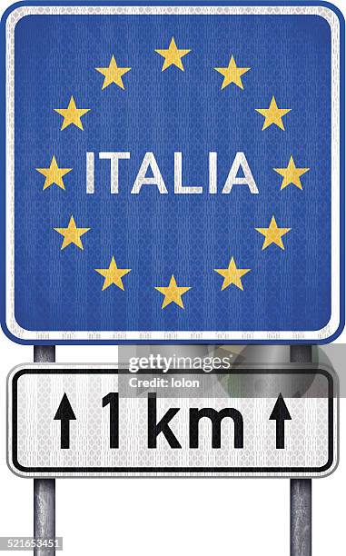 italy border traffic sign with white 1 km ahead sign - kilometer stock illustrations