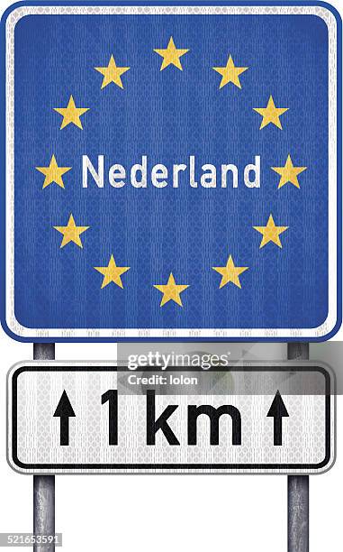 netherlands border traffic sign with white 1 km ahead sign - geometric border stock illustrations