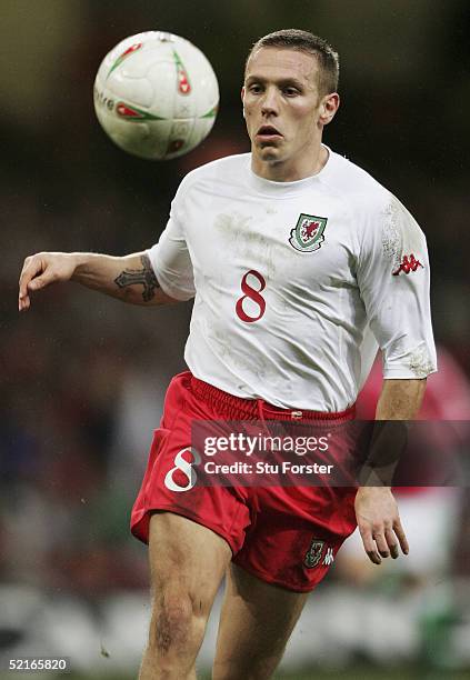 Craig Bellamy of Wales in action during the friendly International match between Wales and Hungary at the Millennium Stadium, on February 9, 2005 in...