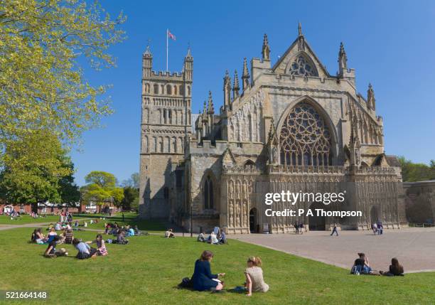 people relaxing on lawn of exeter cathedral - exeter england stock pictures, royalty-free photos & images