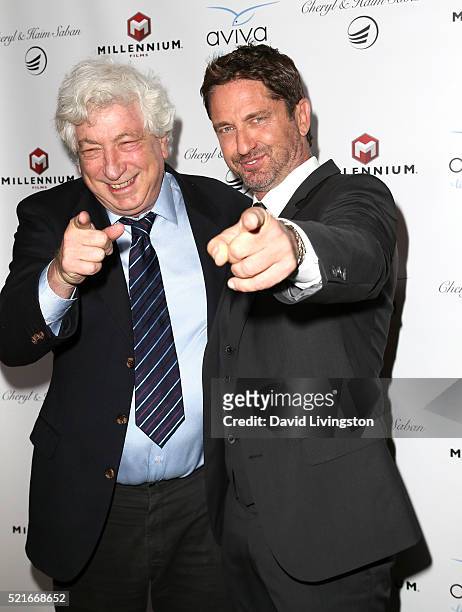 Producer Avi Lerner and actor Gerard Butler attend A Gala to honor Avi Lerner and Millennium Films at The Beverly Hills Hotel on April 16, 2016 in...