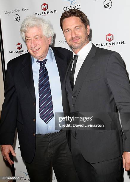 Producer Avi Lerner and actor Gerard Butler attend A Gala to honor Avi Lerner and Millennium Films at The Beverly Hills Hotel on April 16, 2016 in...