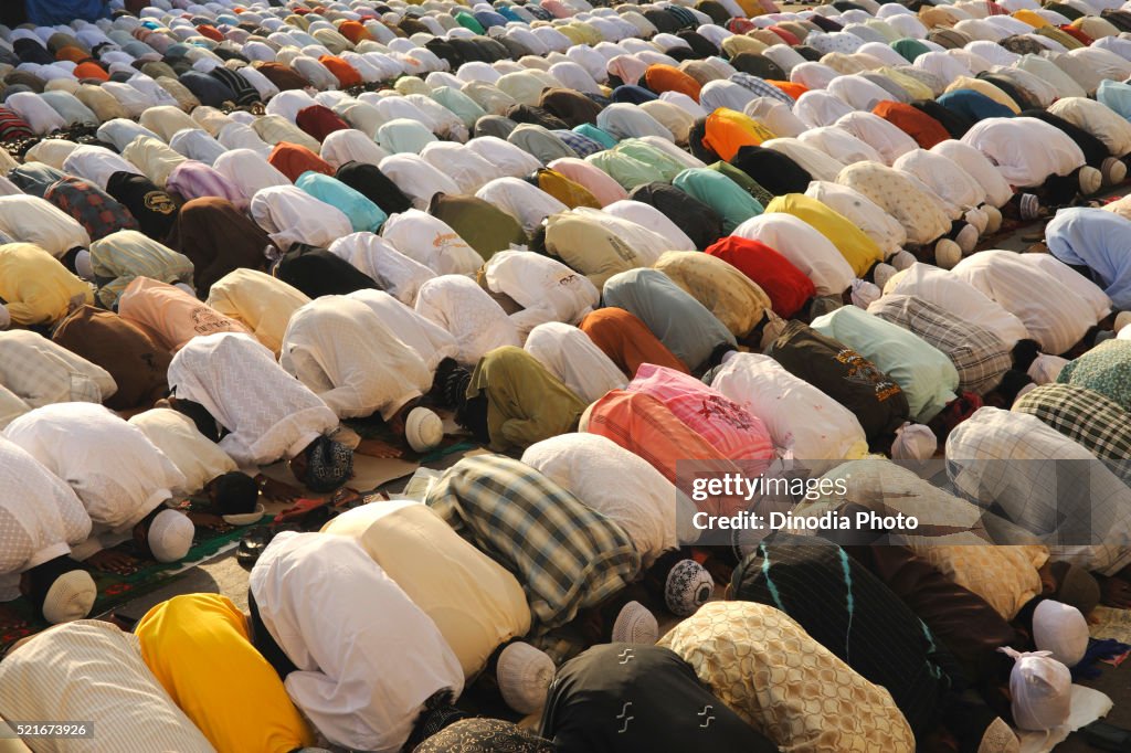Muslims pray to id al adha on street in Bombay Mumbai, Maharashtra, India
