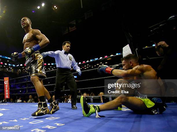 Errol Spence Jr. Knocks out Chris Algieri in the fifth round during their welterwieght bout at Barclays Center on April 16, 2016 in the Brooklyn...