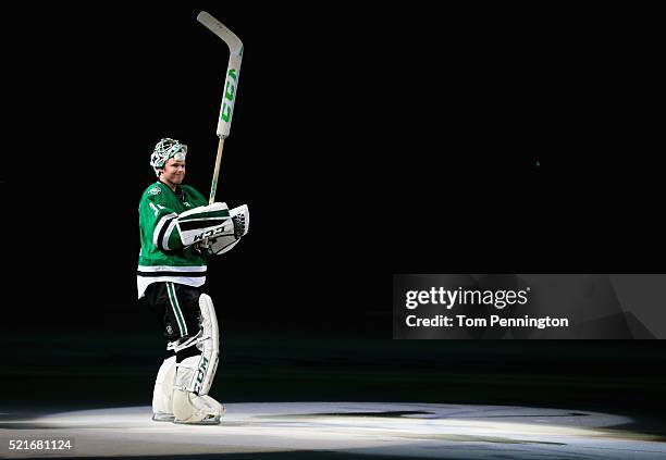 Kari Lehtonen of the Dallas Stars celebrates after the Stars beat the Minnesota Wild 2-1 in Game Two of the Western Conference Quarterfinals during...