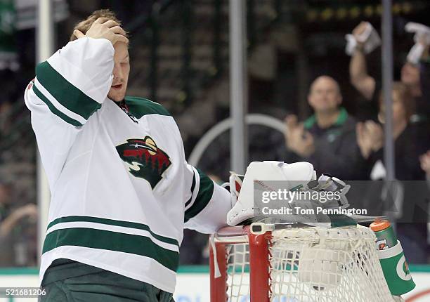 Devan Dubnyk of the Minnesota Wild prepares to take on the Dallas Stars in the first period in Game Two of the Western Conference Quarterfinals...