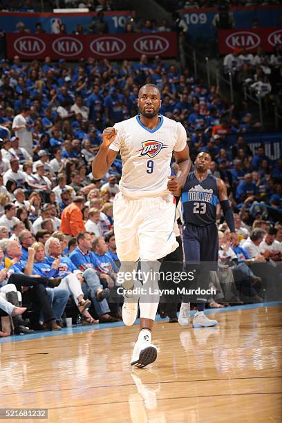 Serge Ibaka of the Oklahoma City Thunder celebrates during the game against the Dallas Mavericks in Game One of the Western Conference Quarterfinals...