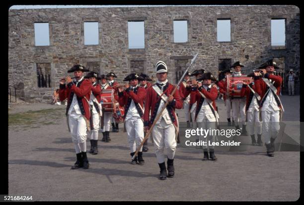 fort ticonderoga fife and drum corps at place d'armes - fort ticonderoga stock pictures, royalty-free photos & images