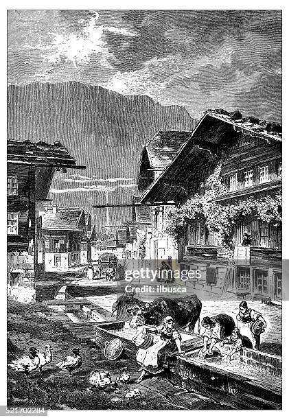 antique illustration of switzerland: meiringen street - washboard laundry stock illustrations