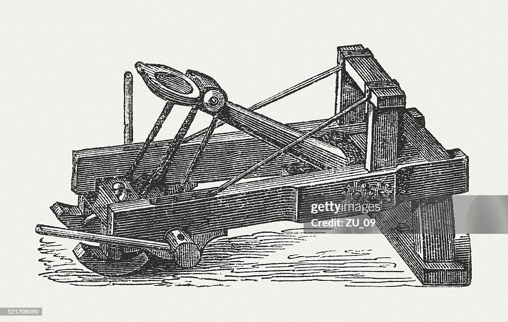 Slingshot in the past, wood engraving, published in 1882