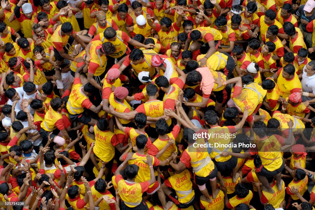 Aerial view of human pyramid, Dahikala, Janmashtami janmashtmi gokul ashtami govinda festival, Dadar, Mumbai, Maharashtra