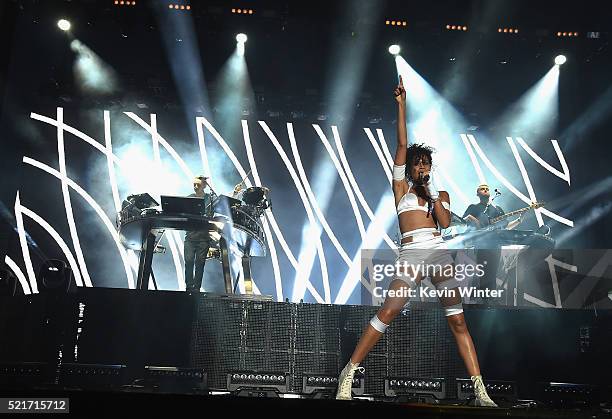 Special guest Aluna Francis of AlunaGeorge performs nstage with Guy Lawrence and Howard Lawrence of Disclosure during day 2 of the 2016 Coachella...
