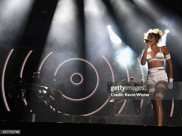 Special guest Aluna Francis of AlunaGeorge performs onstage with Guy Lawrence and Howard Lawrence of Disclosure during day 2 of the 2016 Coachella...