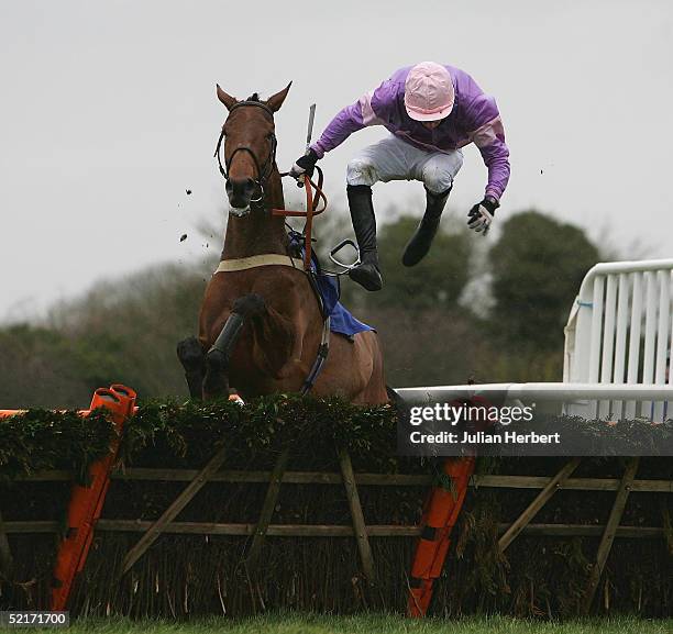 Robert Lucey - Butler parts company with Elle Roseador at the last flight during The coralpoker.com EBF Mares Only Hurdle Race run at Wincanton...