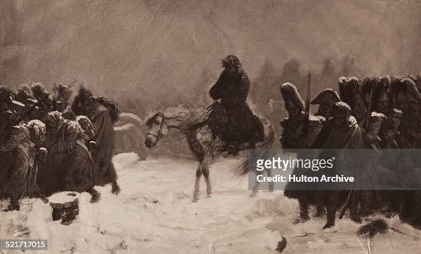 French Emperor Napoleon Bonaparte and the Grande Armee flee the pursuing Russian army on the retreat from Moscow during the Napoleonic War of the...