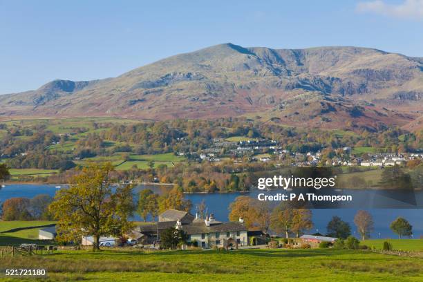 coniston village on coniston water the cumbria lake district - coniston stock pictures, royalty-free photos & images