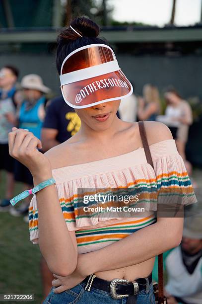 Music fan attends day 2 of the 2016 Coachella Valley Music & Arts Festival Weekend 1 at the Empire Polo Club on April 16, 2016 in Indio, California.