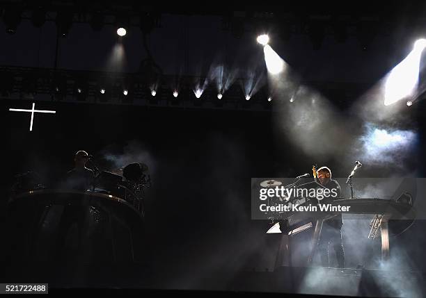 Musicians Guy Lawrence and Howard Lawrence of Disclosure during day 2 of the 2016 Coachella Valley Music & Arts Festival Weekend 1 at the Empire Polo...
