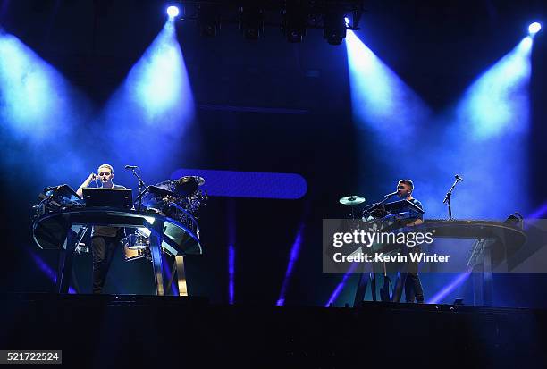 Musicians Guy Lawrence and Howard Lawrence of Disclosure during day 2 of the 2016 Coachella Valley Music & Arts Festival Weekend 1 at the Empire Polo...