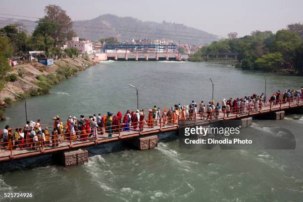 devotees crossing bridge ganga river, haridwar, uttarakhand, india, asia - haridwar 個照片及圖片檔