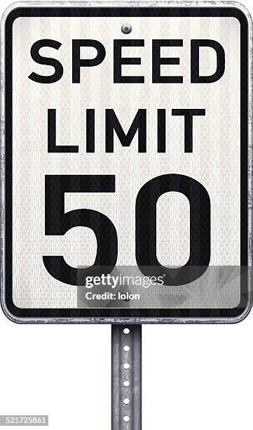 american höchstgeschwindigkeit 50 km/h road sign - stabstahl stock-grafiken, -clipart, -cartoons und -symbole