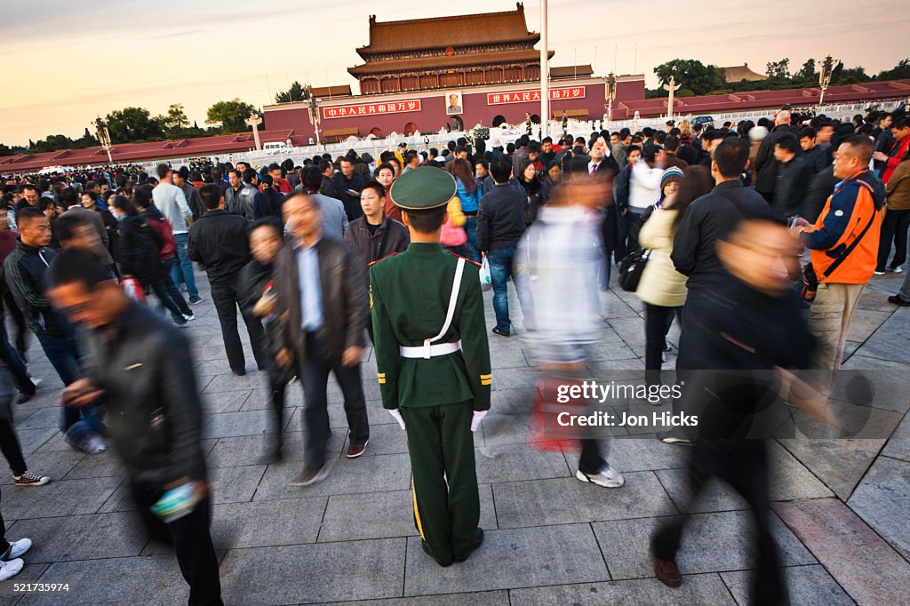 Leaving Tiannamen Square after the lowering of the national flag ceremony at sunset.