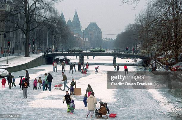 ice skaters on frozen canal in amsterdam - ice skate bildbanksfoton och bilder