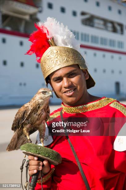 man in roman costume holds falcon and greets passengers of cruise ship ms deutschland - ms deutschland cruise ship stock-fotos und bilder