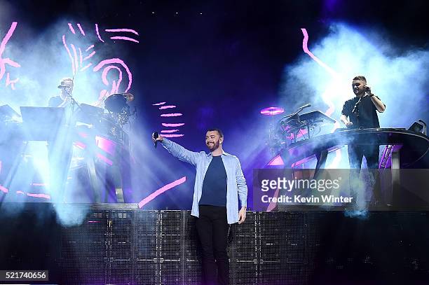 Singer Sam Smith performs with Guy Lawrence and Howard Lawrence onstage during on day 2 of the 2016 Coachella Valley Music & Arts Festival Weekend 1...