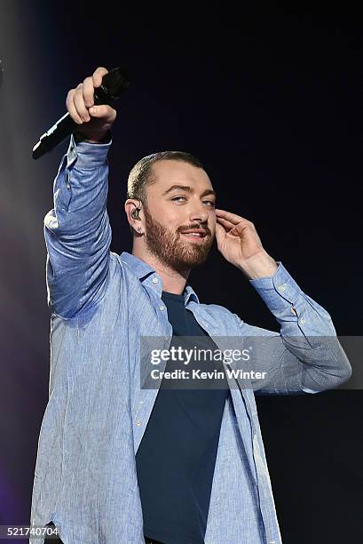 Singer Sam Smith perform onstage with Disclosure during day 2 of the 2016 Coachella Valley Music & Arts Festival Weekend 1 at the Empire Polo Club on...